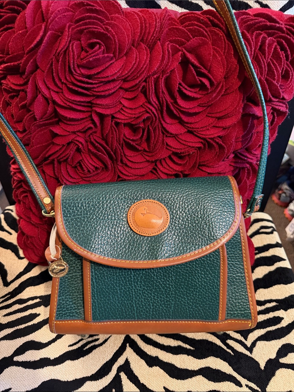 Dooney & Bourke Green Pebble Leather Crossbody with Brown Trim and Tan Accent